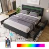 Bed Frame Queen Size, Upholstered Platform Bed Frame with 4 Storage Drawers and LED Lights & Adjustable Headboard,No Box Spring Needed,Grey