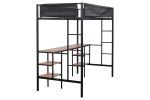 Metal Twin-size Loft Bed with Table & Shelves/ Sturdy Metal Bed Frame/ Noise-free Wood Slat/ Comfortable Textilene Guardrail/ Built-in Table and Shelv