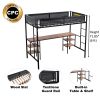 Metal Twin-size Loft Bed with Table & Shelves/ Sturdy Metal Bed Frame/ Noise-free Wood Slat/ Comfortable Textilene Guardrail/ Built-in Table and Shelv
