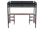 Metal Twin-size Loft Bed with Table & Shelves/ Sturdy Metal Bed Frame/ Noise-free Wood Slat/ Comfortable Textilene Guardrail/ Built-in Table and Shelv