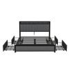 Queen Bed Frame with LED Headboard, Upholstered Bed with 4 Storage Drawers and USB Ports, Dark Grey