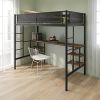 Metal Twin-size Loft Bed with Table & Shelves/ Sturdy Metal Bed Frame/ Noise-free Wood Slat/ Comfortable Textilene Guardrail/ Built-in Table and Shelv