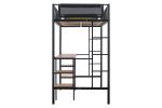 Metal Twin-size Loft Bed with Table & Shelves/ Sturdy Metal Bed Frame/ Noise-free Wood Slat/ Comfortable Textilene Guardrail/ Built-in Table and Shelv