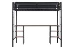 Metal Twin-size Loft Bed with Table & Shelves/ Sturdy Metal Bed Frame/ Noise-free Wood Slat/ Comfortable Textilene Guardrail/ Built-in Table and Shelv