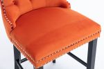 Furniture; Contemporary Velvet Upholstered Barstools with Button Tufted Decoration and Wooden Legs;  and Chrome Nailhead Trim;  Leisure Style Bar Chai