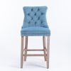 Furniture; Contemporary Velvet Upholstered Barstools with Button Tufted Decoration and Wooden Legs;  and Chrome Nailhead Trim;  Leisure Style Bar Chai
