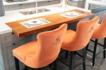 Furniture; Contemporary Velvet Upholstered Barstools with Button Tufted Decoration and Wooden Legs;  and Chrome Nailhead Trim;  Leisure Style Bar Chai